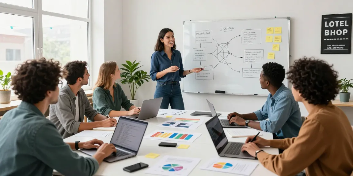Demand validation startup team brainstorming in a bright office, surrounded by prototypes and market research.