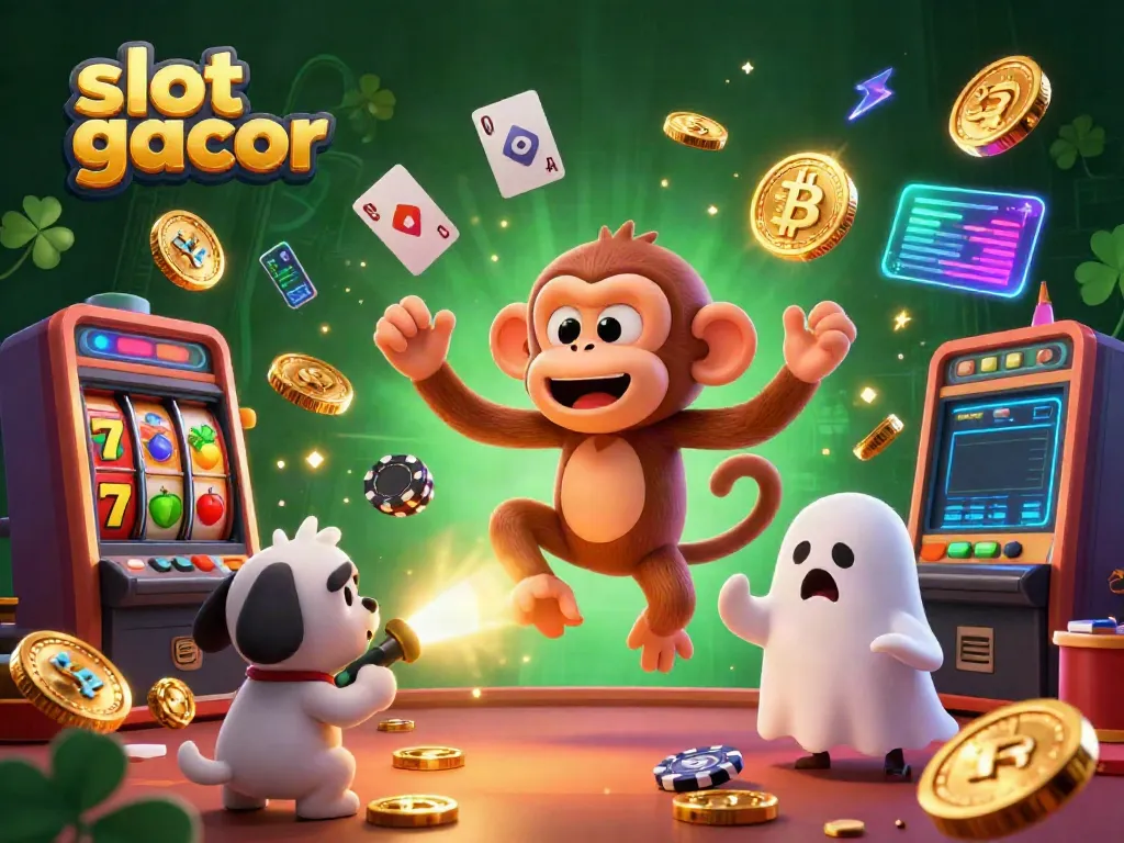 Experience slot gacor with a playful poltergeist monkey and a curious puppy in a vibrant casino scene.