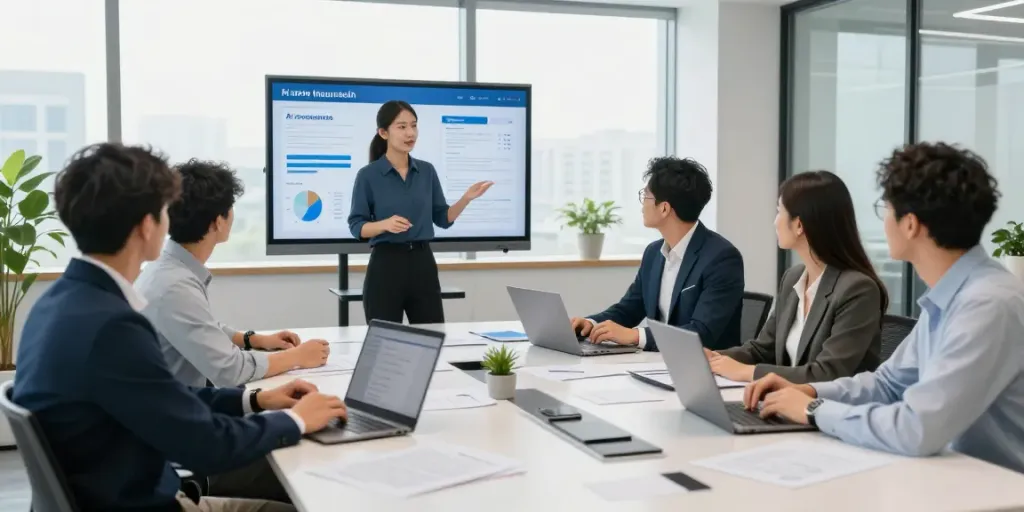 Engaging workspace for insurance AI news, featuring a diverse team presenting AI analytics in a bright office.
