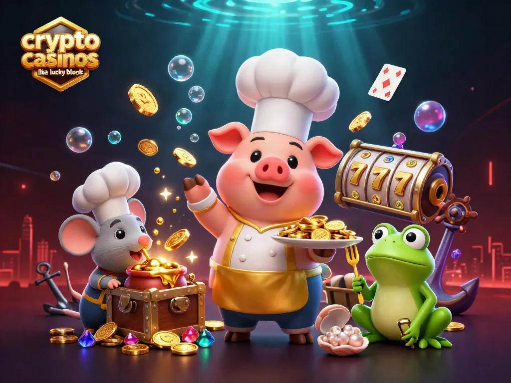 Engaging scene of crypto casinos like Lucky Block with characters serving gold coins, alive with energy.