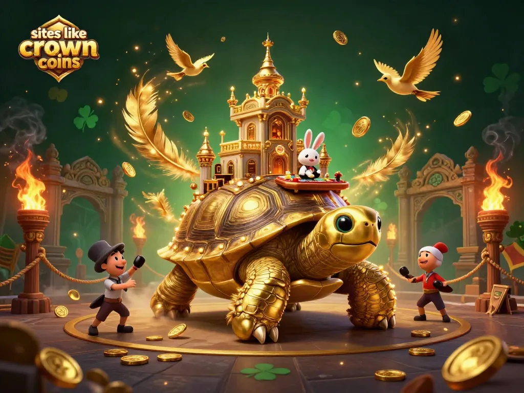 Win with sites like crown coins as a lavish tortoise casino scene with golden coins and vibrant action.