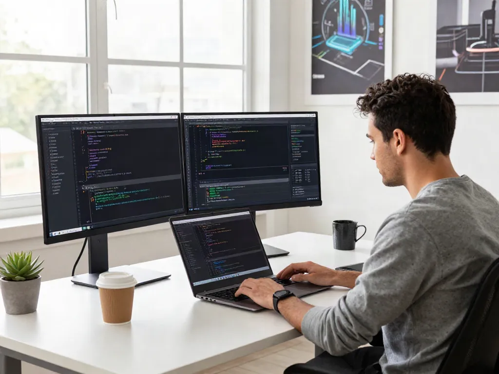 Developer coding in a modern workspace to check out your url efficiently.