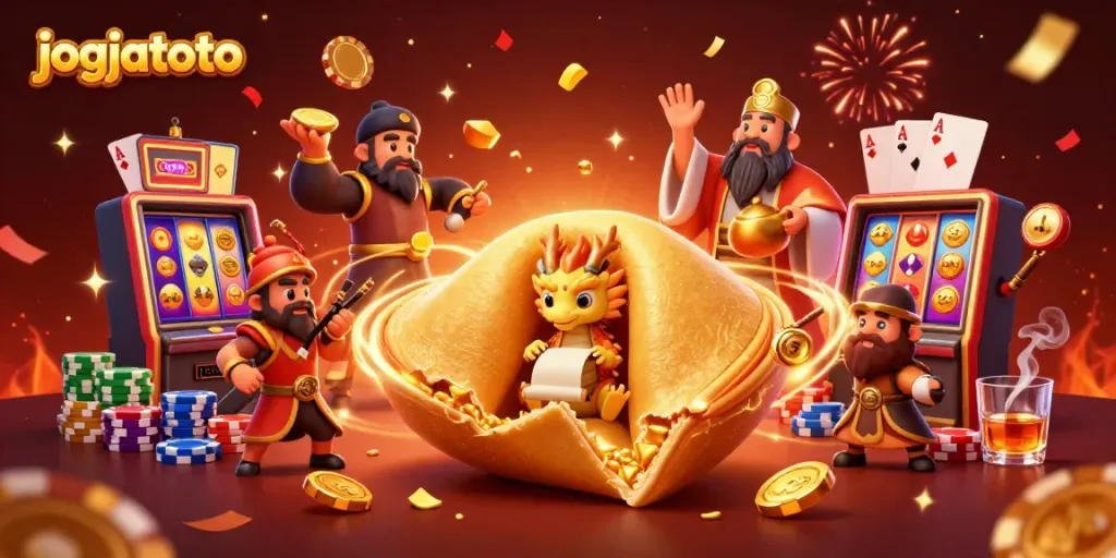 Engage with jogjatoto's vibrant gaming world showcasing a golden fortune cookie and slot machine elements.