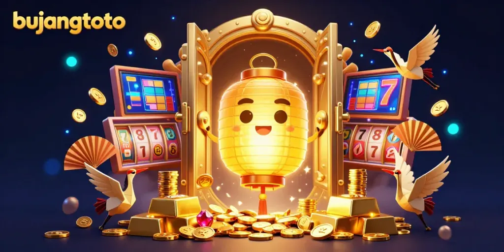 Engage with the vibrant bujangtoto casino experience illustrated by a golden lantern spirit and dynamic game elements.