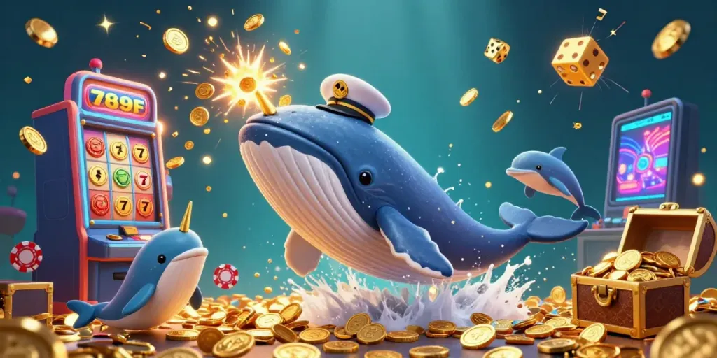 Experience the excitement of 789F with the whale captain breaching in a sea of coins amidst vibrant casino elements.