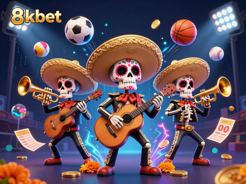 Experience the vibrant energy of 8kbet with a colorful mariachi casino scene full of dynamic sports elements.