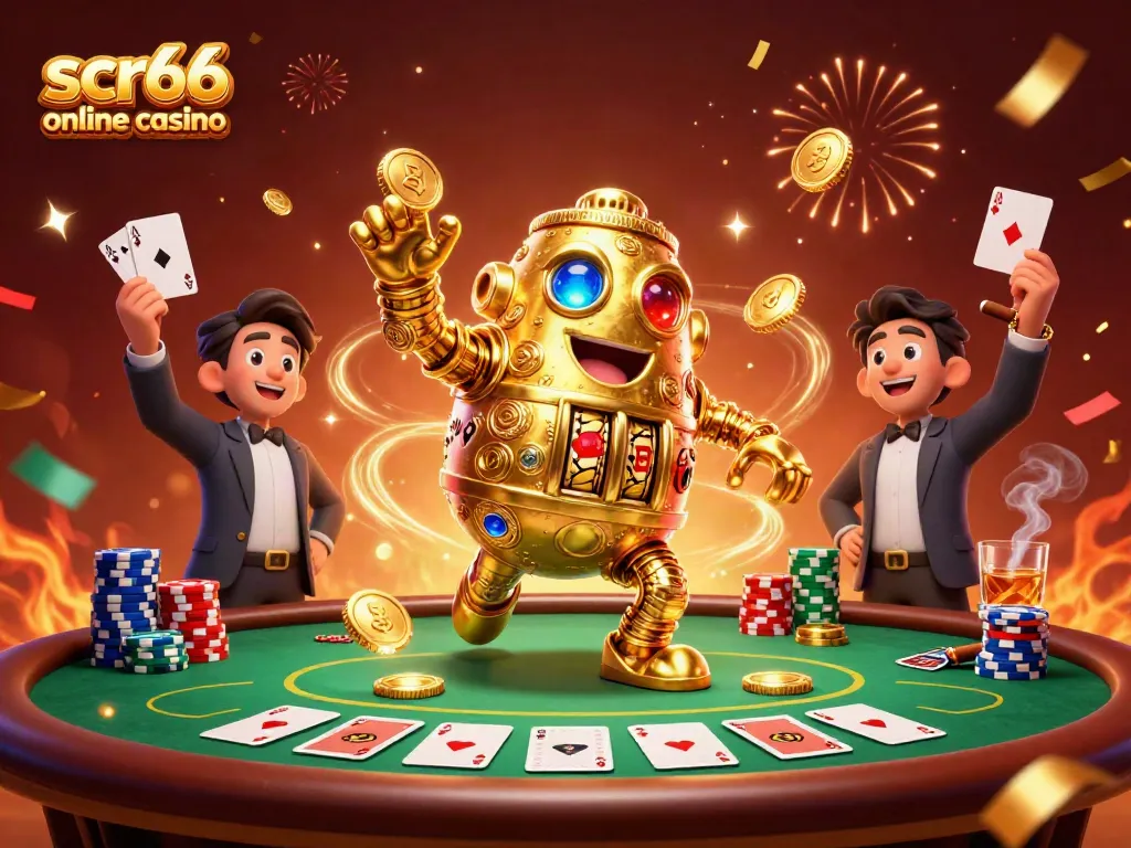 Experience the thrill of scr66 online casino with a dynamic scene filled with golden coins and poker excitement.