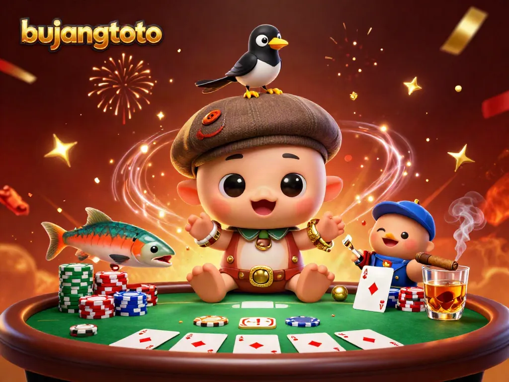 Engaging scene featuring bujangtoto with cartoon characters and casino elements, creating a festive atmosphere.
