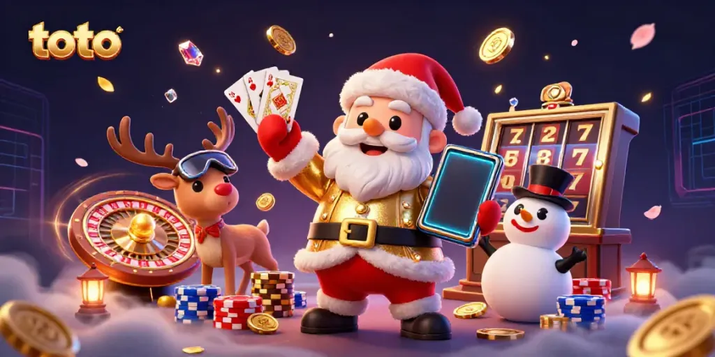 Experience the thrill of toto with Santa and friends celebrating jackpots in a vibrant casino scene.