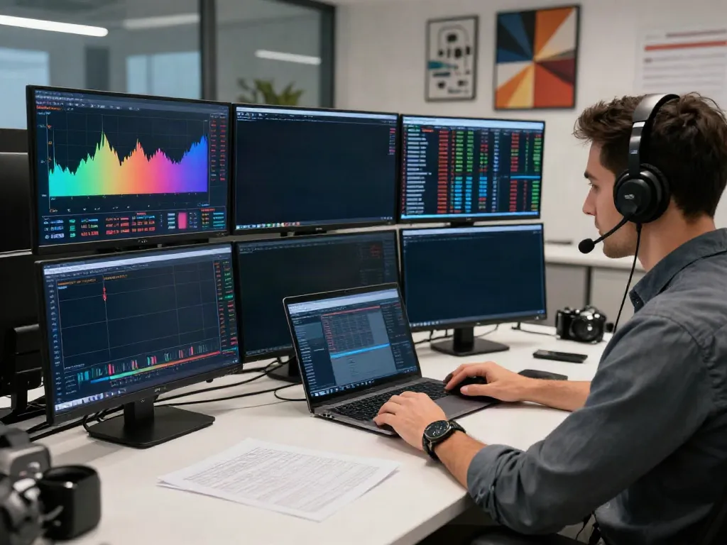 Trader using TradingView on multiple monitors in a modern office setting
