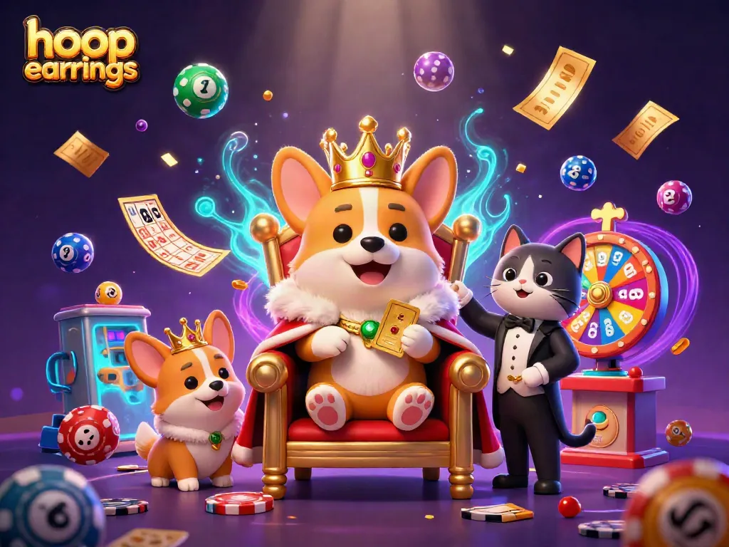 Spin and win with stylish hoop earrings surrounded by vibrant lottery elements in an energetic digital scene.