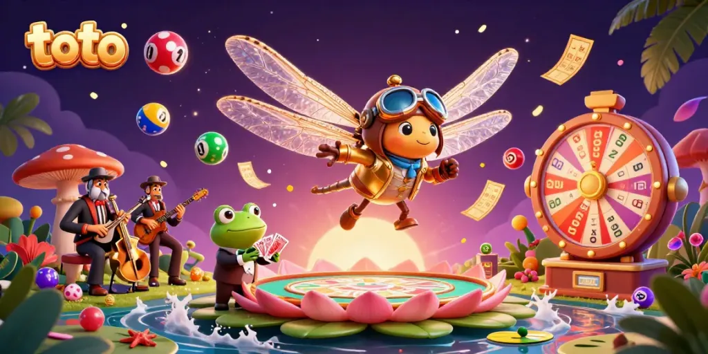 Experience thrilling action in toto with a helicopter pilot and a frog croupier at a vibrant lily pad casino.