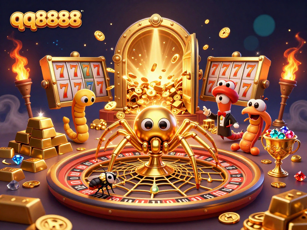 Spin to win with qq8888 as the golden web of fortune entangles a fly nervously wagering at the edge.