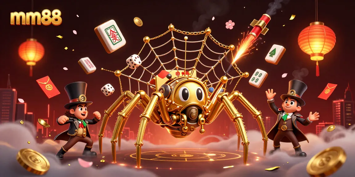 Experience thrilling moments at mm88 with a vibrant steampunk spider catching dice in a rich casino scene.