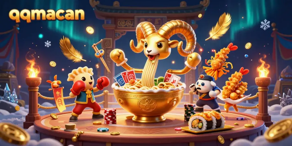Engage with qqmacan's vibrant characters in a dynamic casino-themed illustration featuring cards, chips, and energetic cheerleaders.
