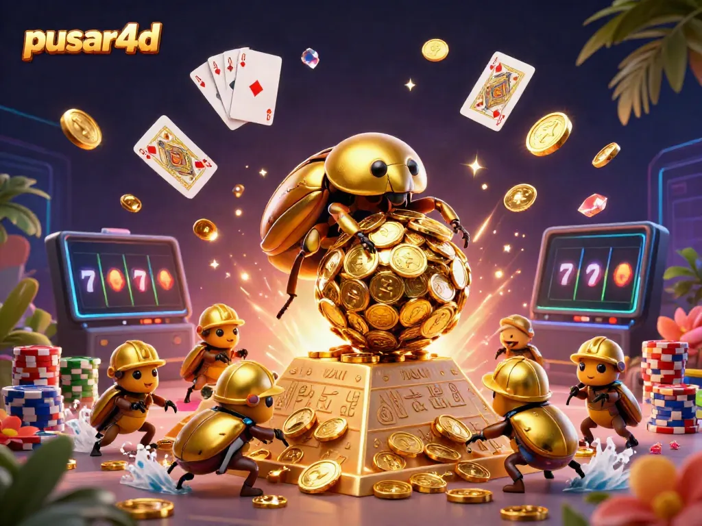 Pusar4d showcases a golden dung beetle rolling coins, reflecting a vibrant casino atmosphere of excitement and winning possibilities.