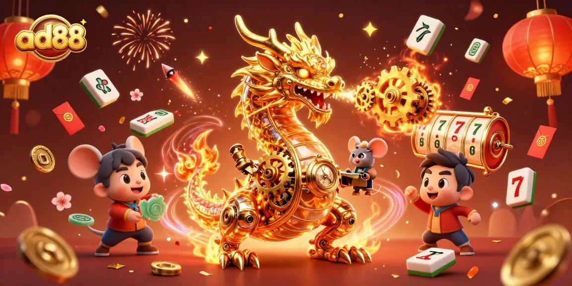 Immerse in the vibrant world of ad88 as a dragon breathes golden gears amidst casino elements.