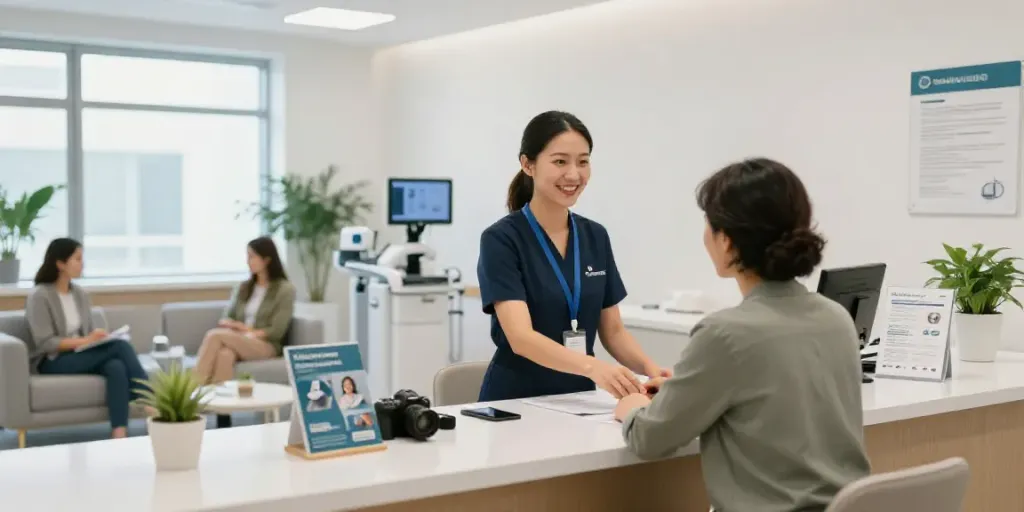 Empfangsbereich im Diagnostikzentrum für Röntgenreizbestrahlung in der Nähe mit freundlicher Bedienung.
