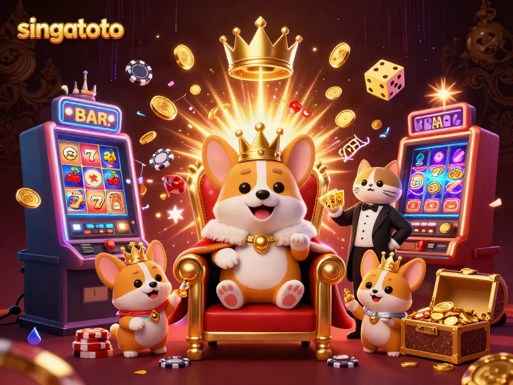 Experience singatoto with a lively scene featuring royal corgis and jackpot explosions in a casino.