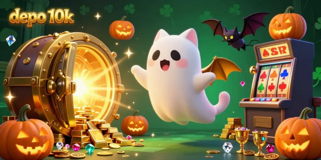 Experience the thrill of winning with depo 10k in a vibrant casino scene featuring a friendly ghost cat.