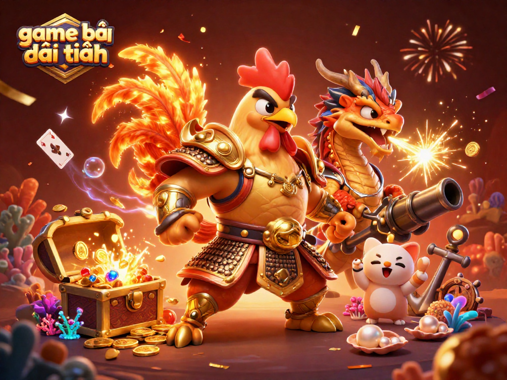 Experience game bài đổi thưởng with powerful characters amidst treasure and casino-themed elements.