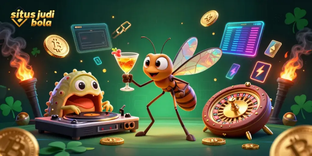 Experience the thrill of situs judi bola with vibrant characters and glowing casino elements in this animated digital scene.