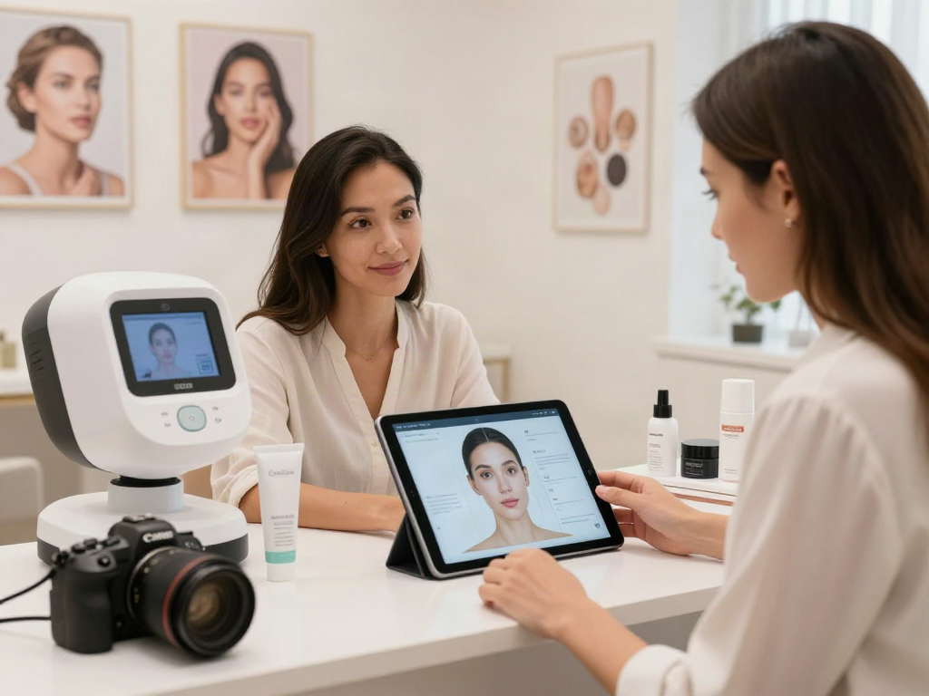 Engaged consultation showcasing how ClinicEvo better than QOVES in facial analysis.