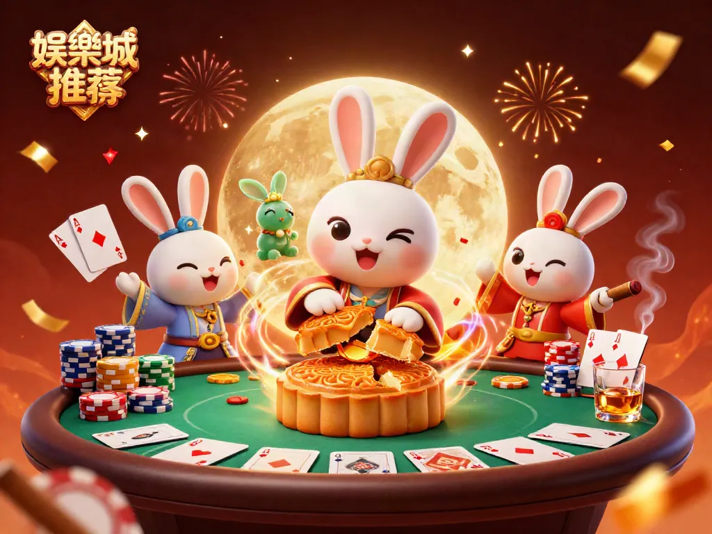 在娛樂城推薦中,3D兔子和玉兔在月球上敲打金色月餅,展現出豐富的賭博元素。