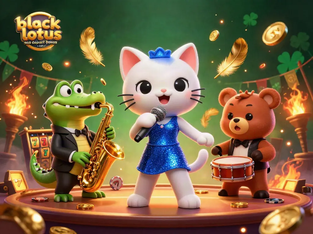 Unlock black lotus no deposit bonus codes with vibrant 3D illustration of a jazzy casino scene featuring whimsical characters.