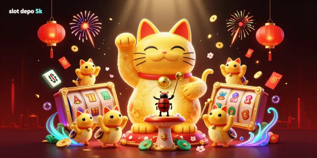 Engage with the vibrant slot depo 5k scene featuring a lucky cat made of fireflies, capturing the essence of dynamic casino play.