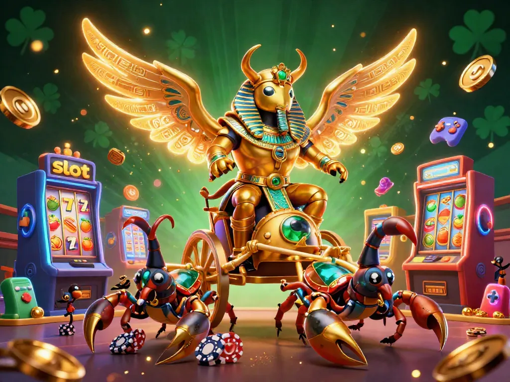 Slot yang memikat dengan scarab emas dan simbol keberuntungan menari di jackpot