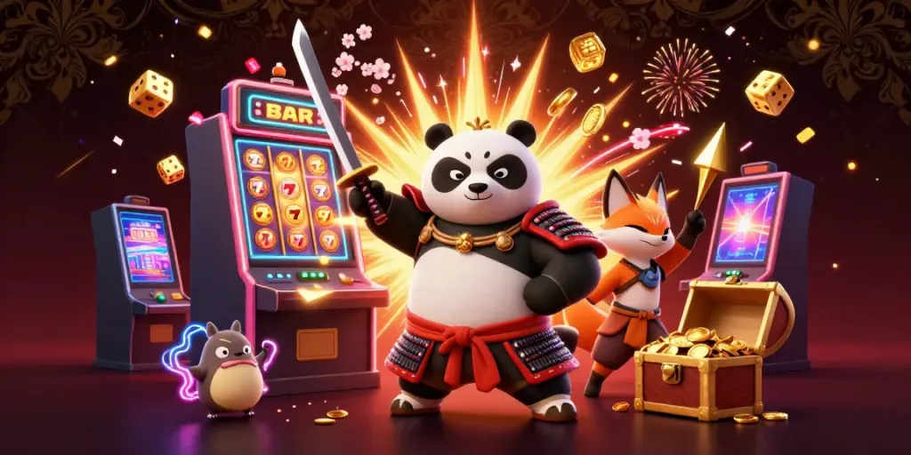 ZBET's animated scene of a samurai panda, ninja fox, and tanuki in a dynamic casino environment celebrating a jackpot.