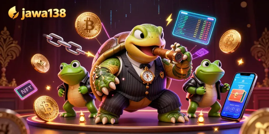 Experience the lively energy at jawa138 casino with a cartoon turtle and frog enforcers amidst glowing crypto coins.