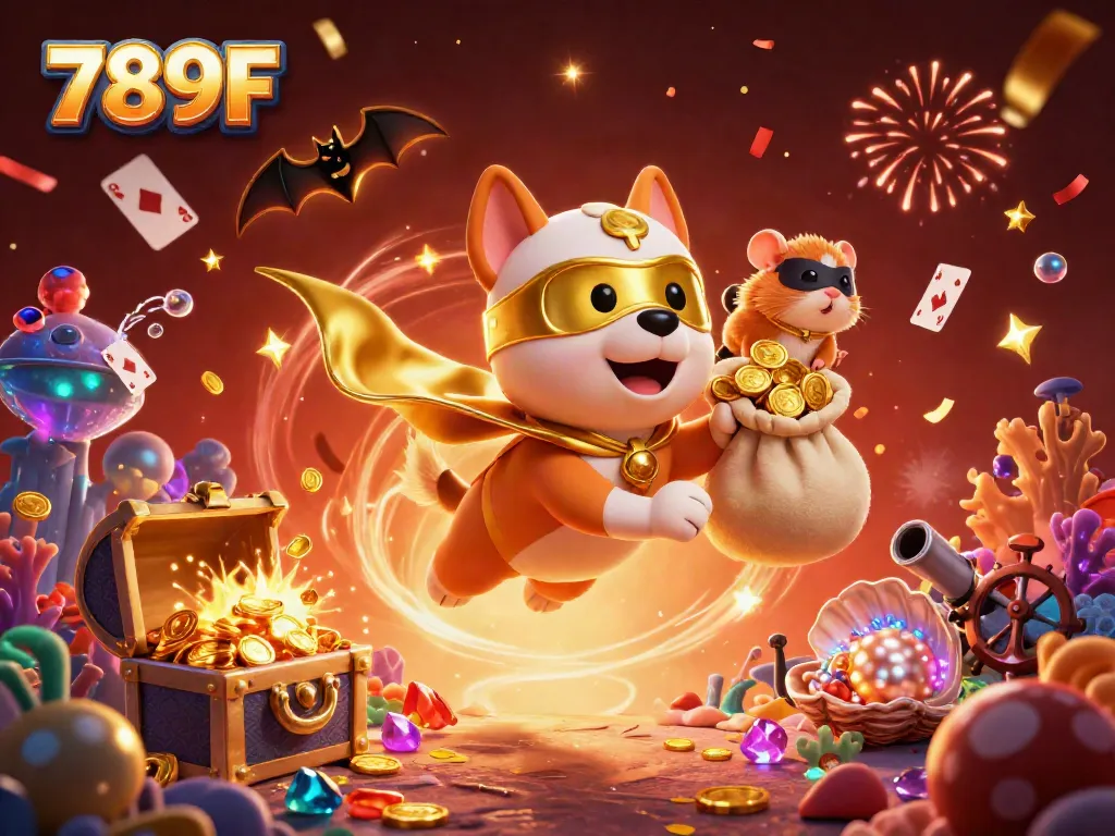 Join the fun at 789F with a superhero dog and hamster celebrating jackpot wins amidst confetti and poker chips.