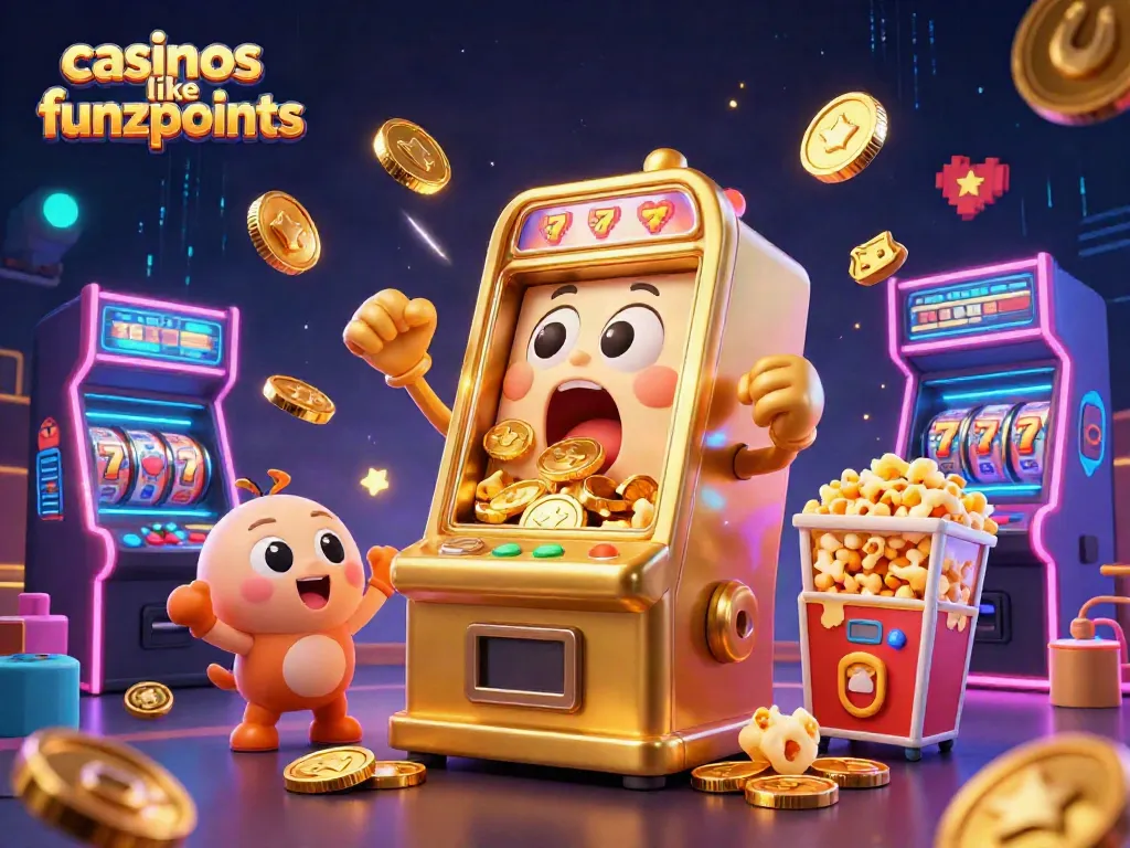 Play exciting games at casinos like Funzpoints, showcasing winning slot machines and vibrant gaming elements.