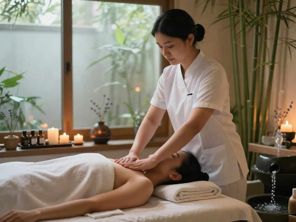 Relaxing 성북구출장안마 spa massage session in a tranquil setting with soothing elements.