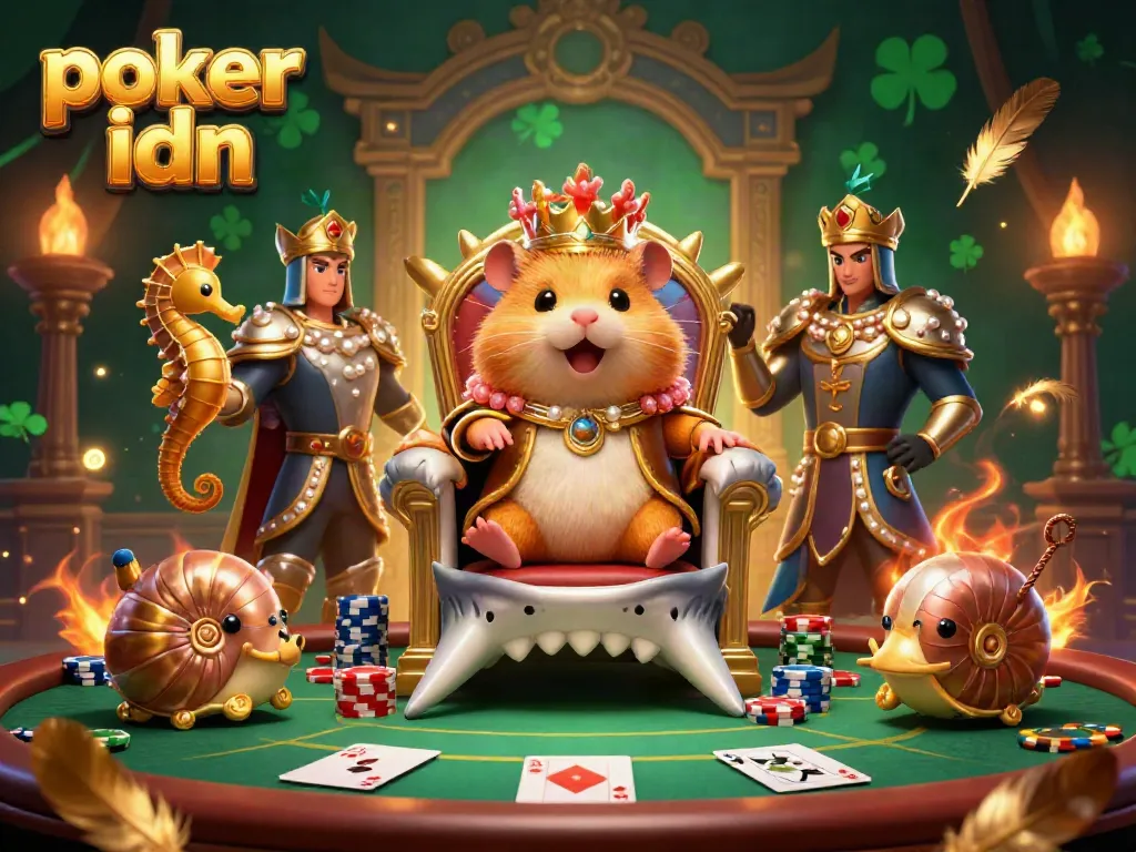 Menggoda jackpot di poker idn dengan raja hamster yang mengenakan mahkota, dikelilingi penjaga kuda laut dan token taruhan.