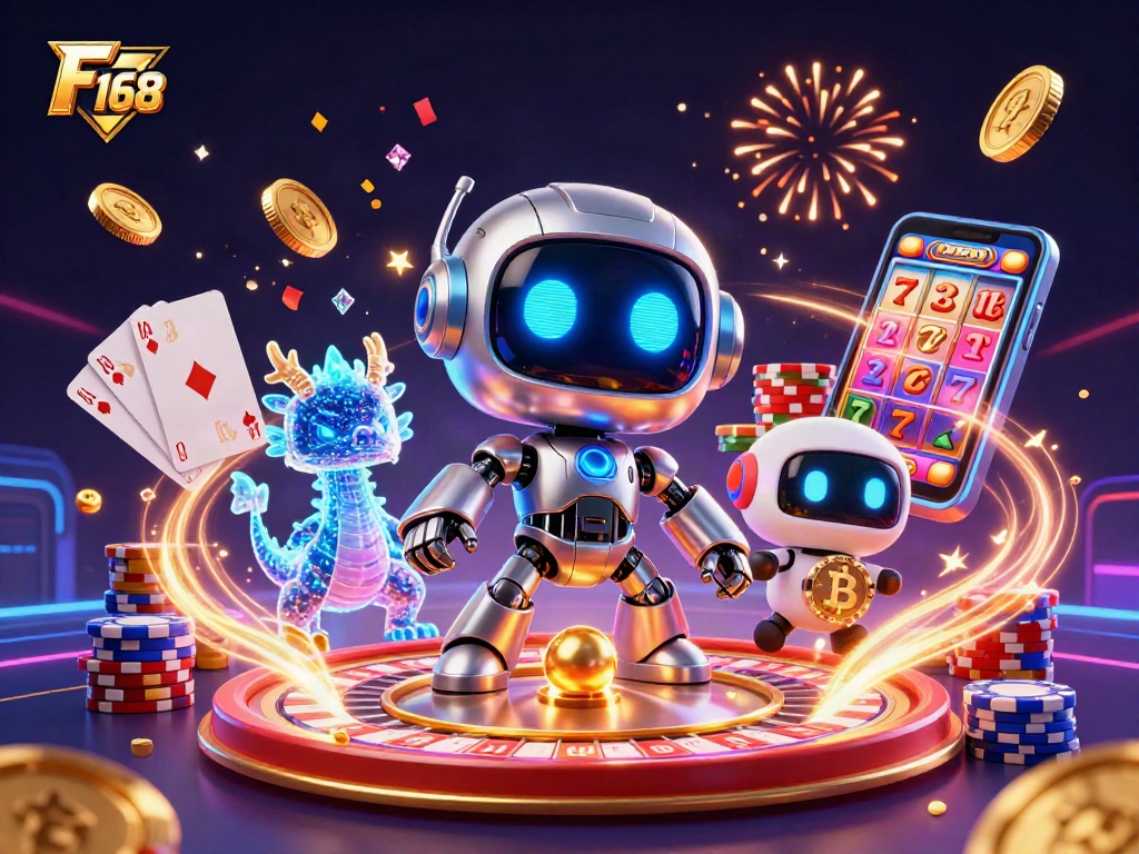 Engage in thrilling F 168 casino excitement with a 3D cyberpunk scene featuring vibrant gambling action.