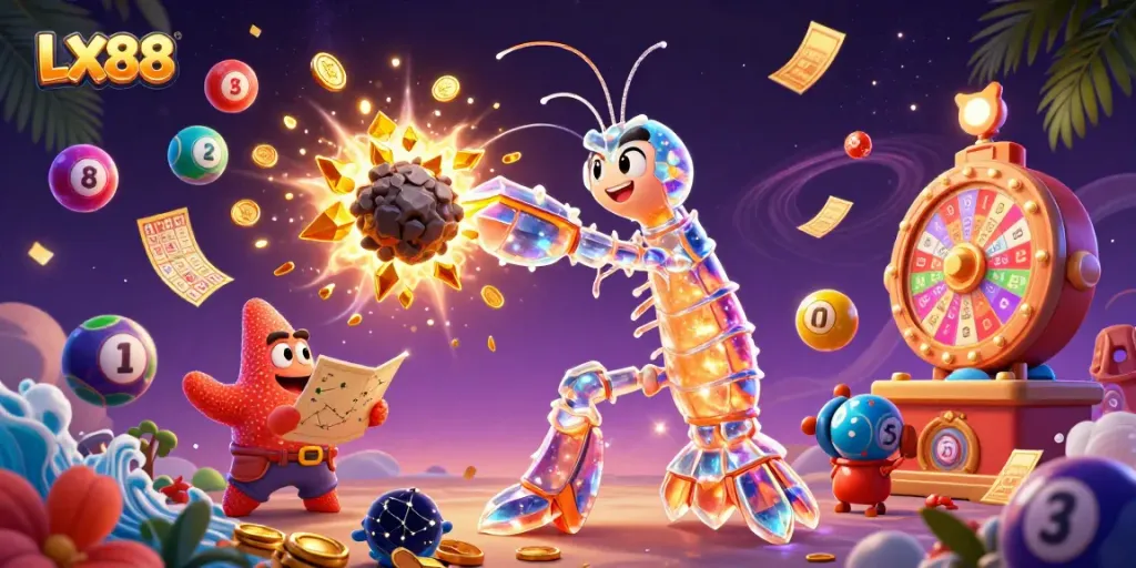Experience the thrill of LX88 with vibrant lottery elements exploding around engaging characters.