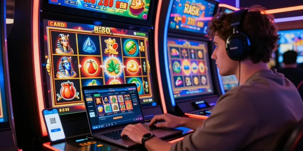 Player immersed in a colorful slot game, showcasing excitement and QRIS payment integration for seamless transactions.