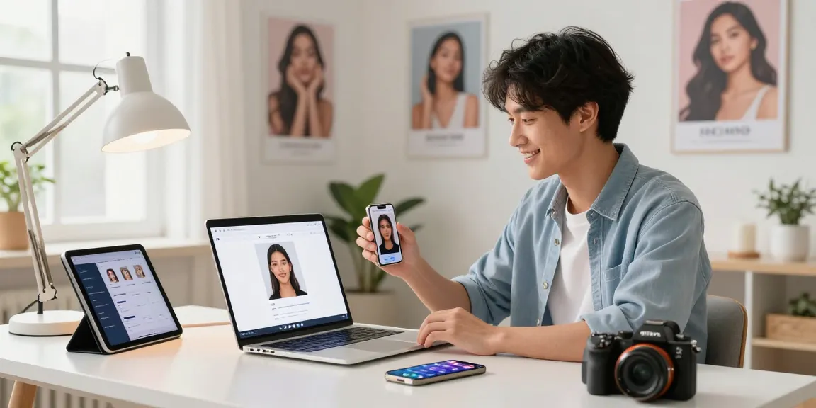 Test attractiveness scene with user smiling at AI interface in bright home office