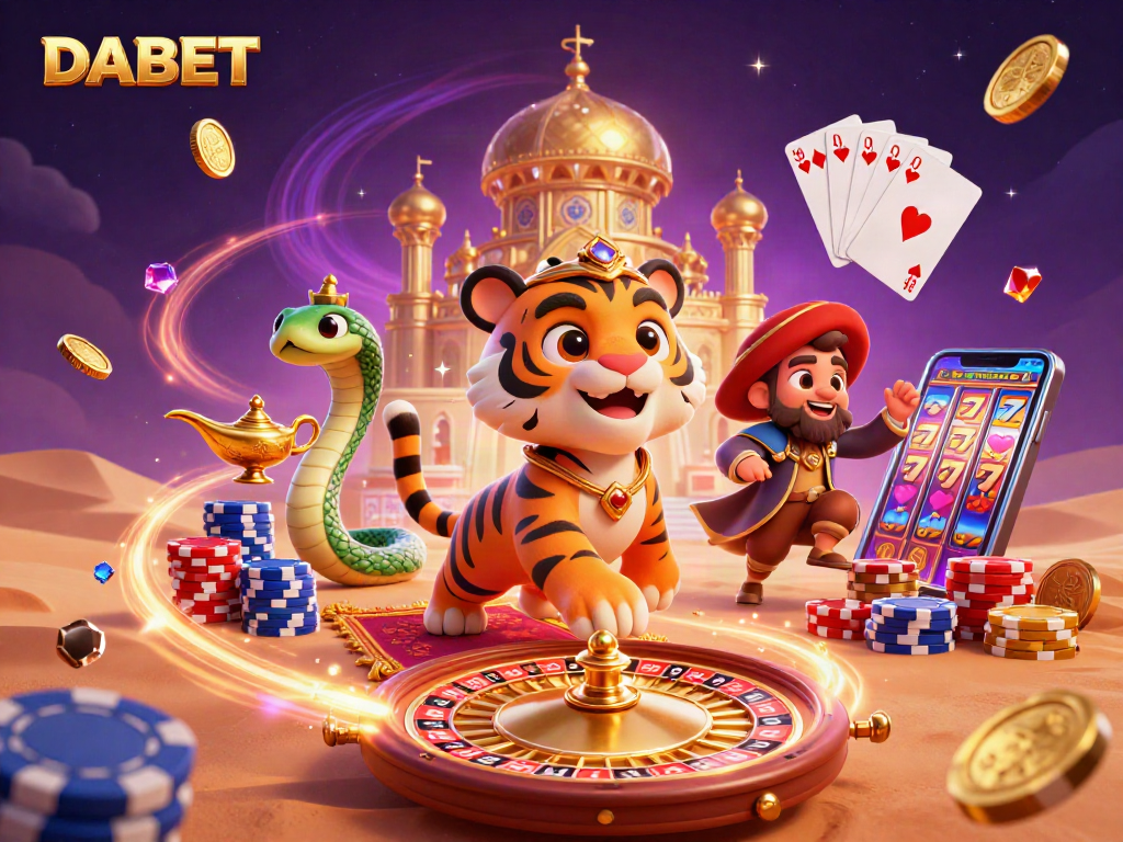 DABET casino scene featuring a tiger sultan and genie with vibrant gaming elements.