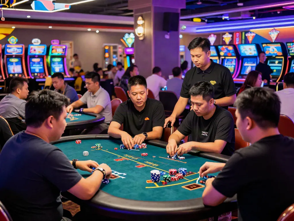 Ratutogel dalam suasana kasino yang meriah dengan pemain yang antusias.