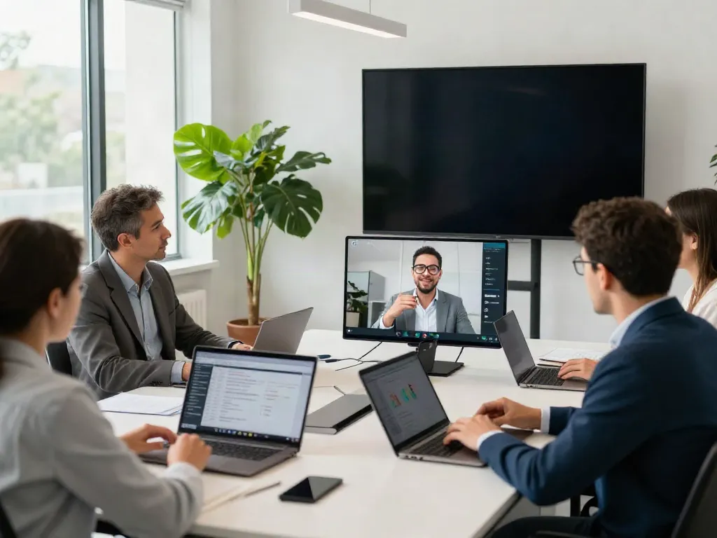 Deepfake-protected meetings in a modern office with professionals collaborating securely.