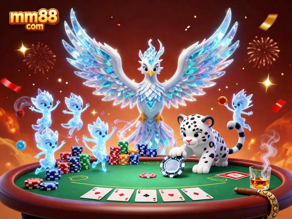 Engage with mm88 com through this vibrant, dynamic illustration of an ice phoenix and poker elements.