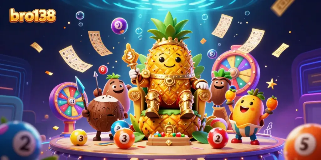 Experience thrilling gameplay at bro138 with vibrant lottery elements, golden treasures, and dynamic characters in a beach casino.