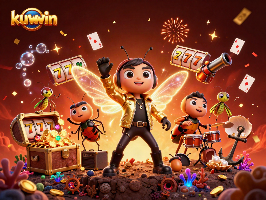 Spin the reels in action with kuwwin as the cicada rock star performs in a vibrant casino scene.