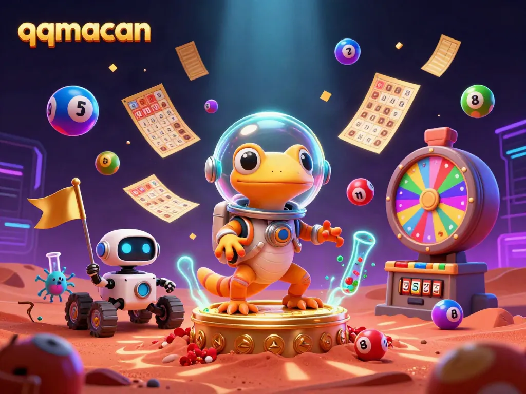 Join the fun at qqmacan as a Martian gecko discovers a golden casino amidst vibrant lottery excitement.