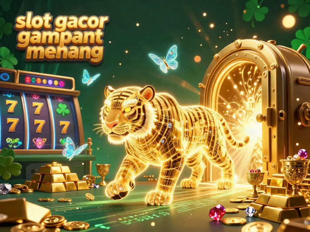 Engage with slot gacor gampang menang in a glowing casino scene featuring a neon tiger and treasures.
