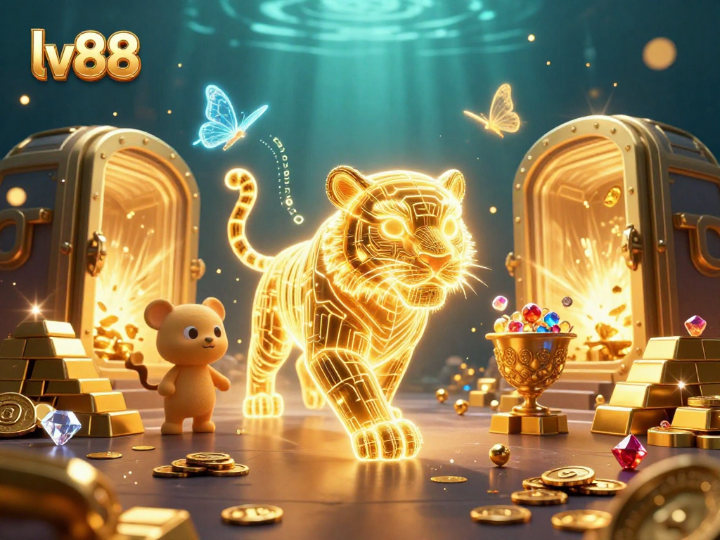 Experience the thrill of lv88 with a neon-wireframe tiger in a colorful casino landscape.